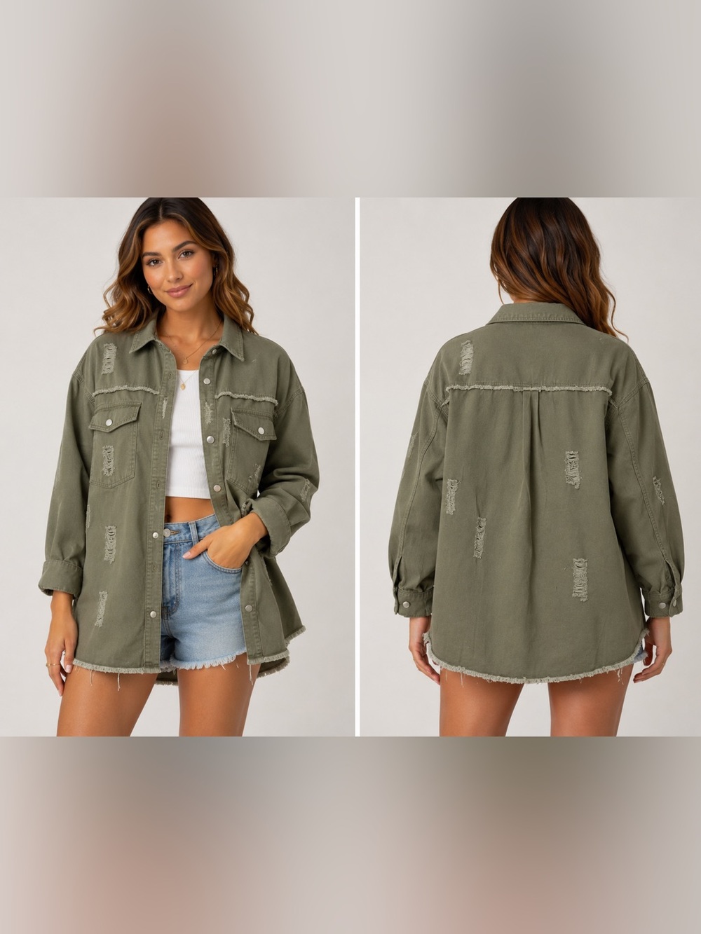 Olive Distressed Oversized Shacket - Women